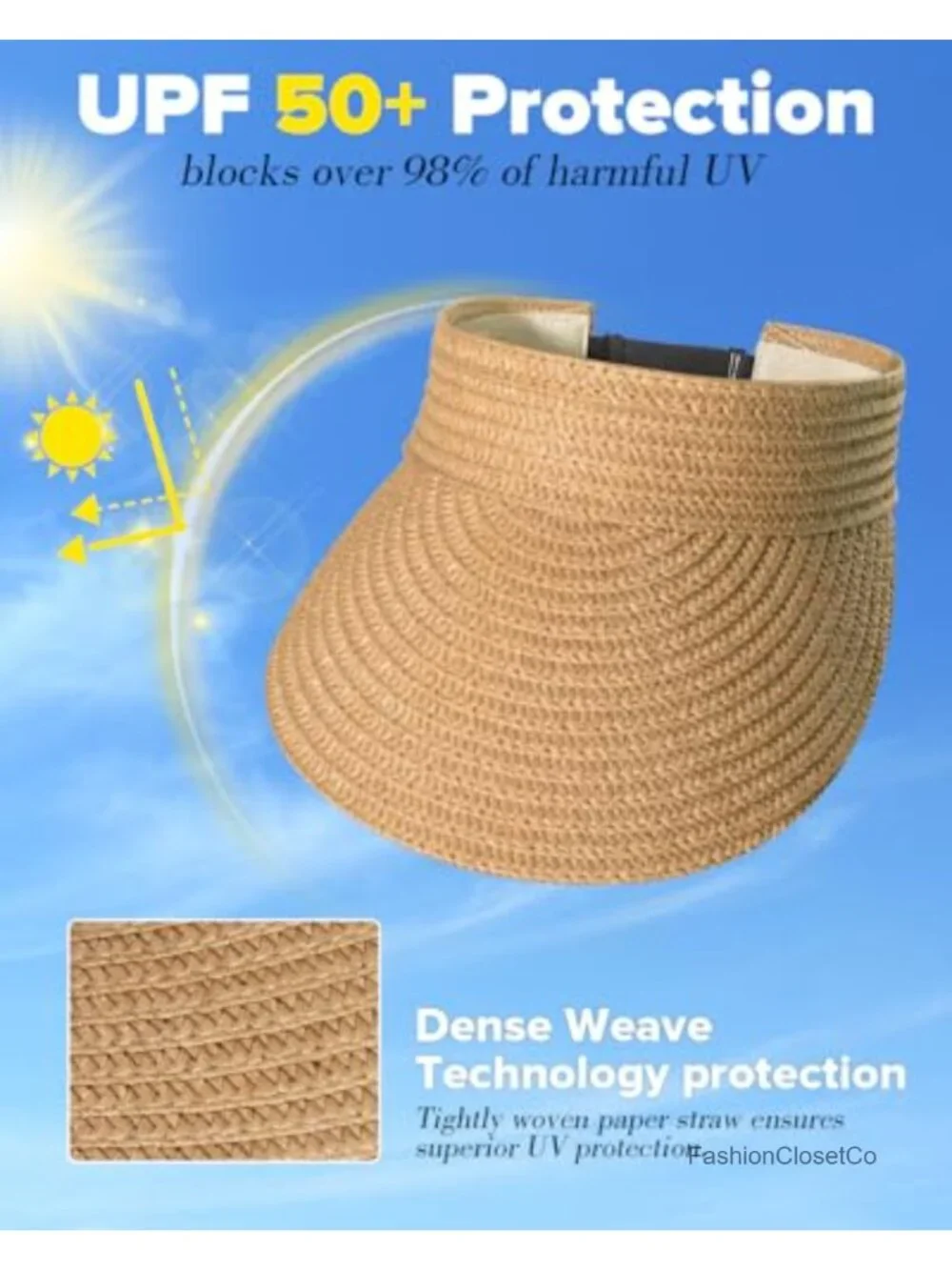 Wide Brim Straw Sun Visor Hat UPF50+ Packable Foldable Adjustable Beach Travel